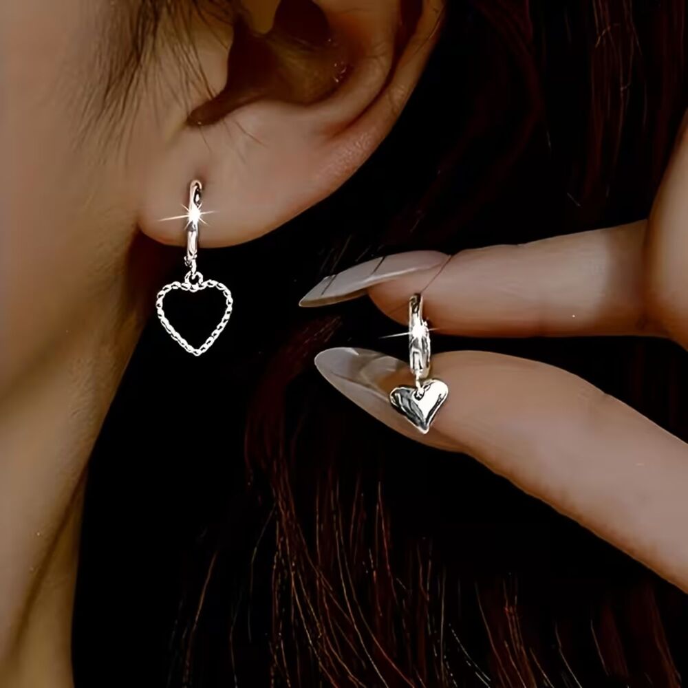 Silver Open Heart Dangle Earrings Drop Pendant Charm Secure Leverback Y2K Dainty